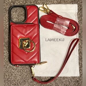 Burgundy Quilted Cardholder Phone Case w/ Strap-iPhone 14 Pro Max 6.7"